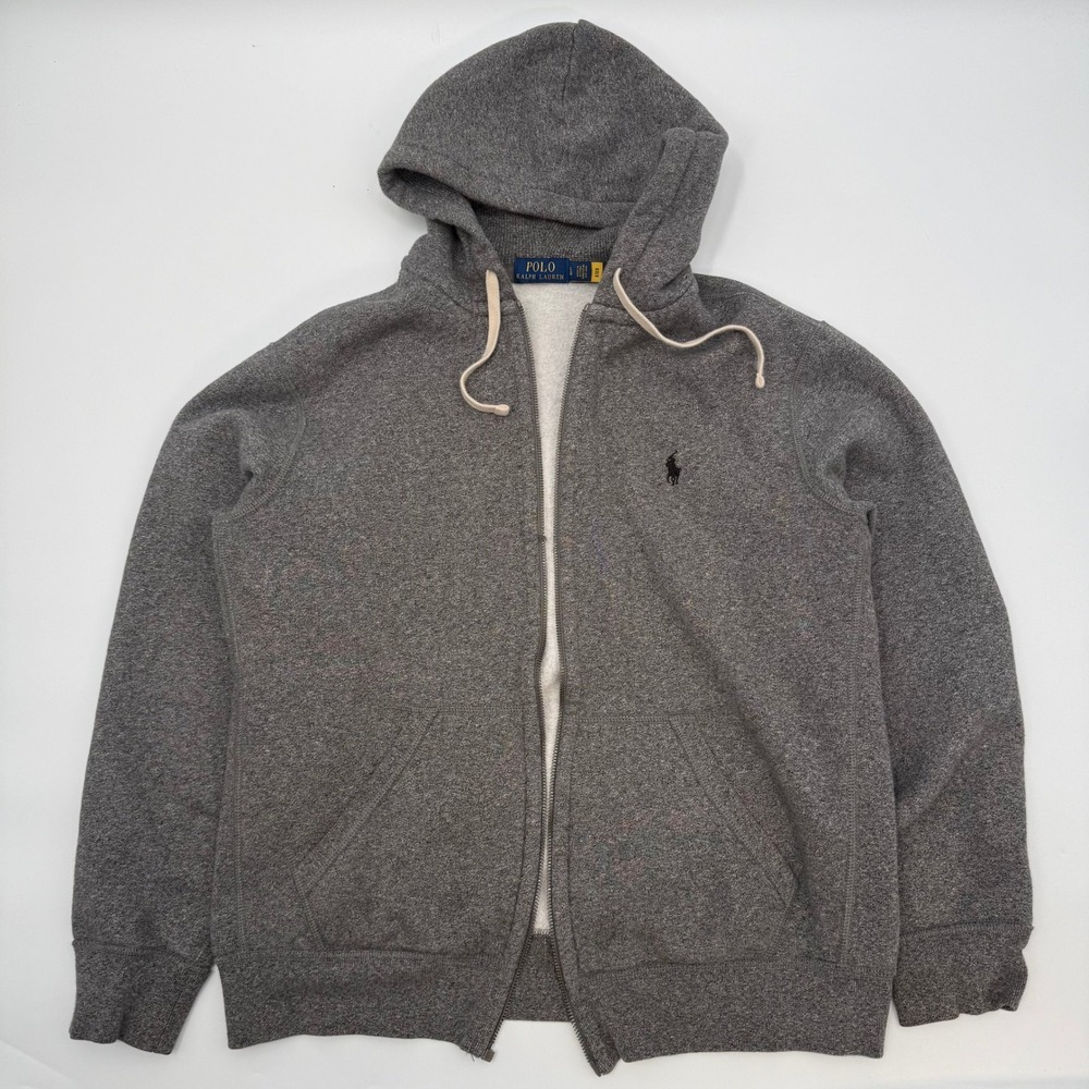 Polo Ralph Lauren Mens Size Large Full Zip Hoodie Grey Heathered Pony Logo